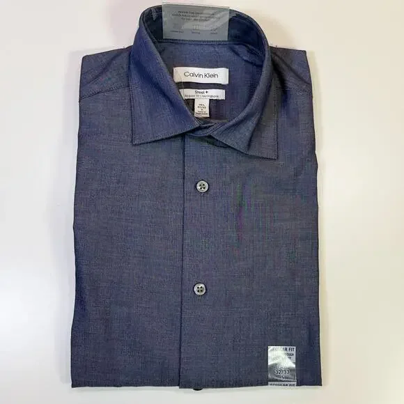 Calvin Klein Steel Men's Classic-Fit Non-Iron Performance Herringbone Spread Collar Dress Shirt - Smokey Blue